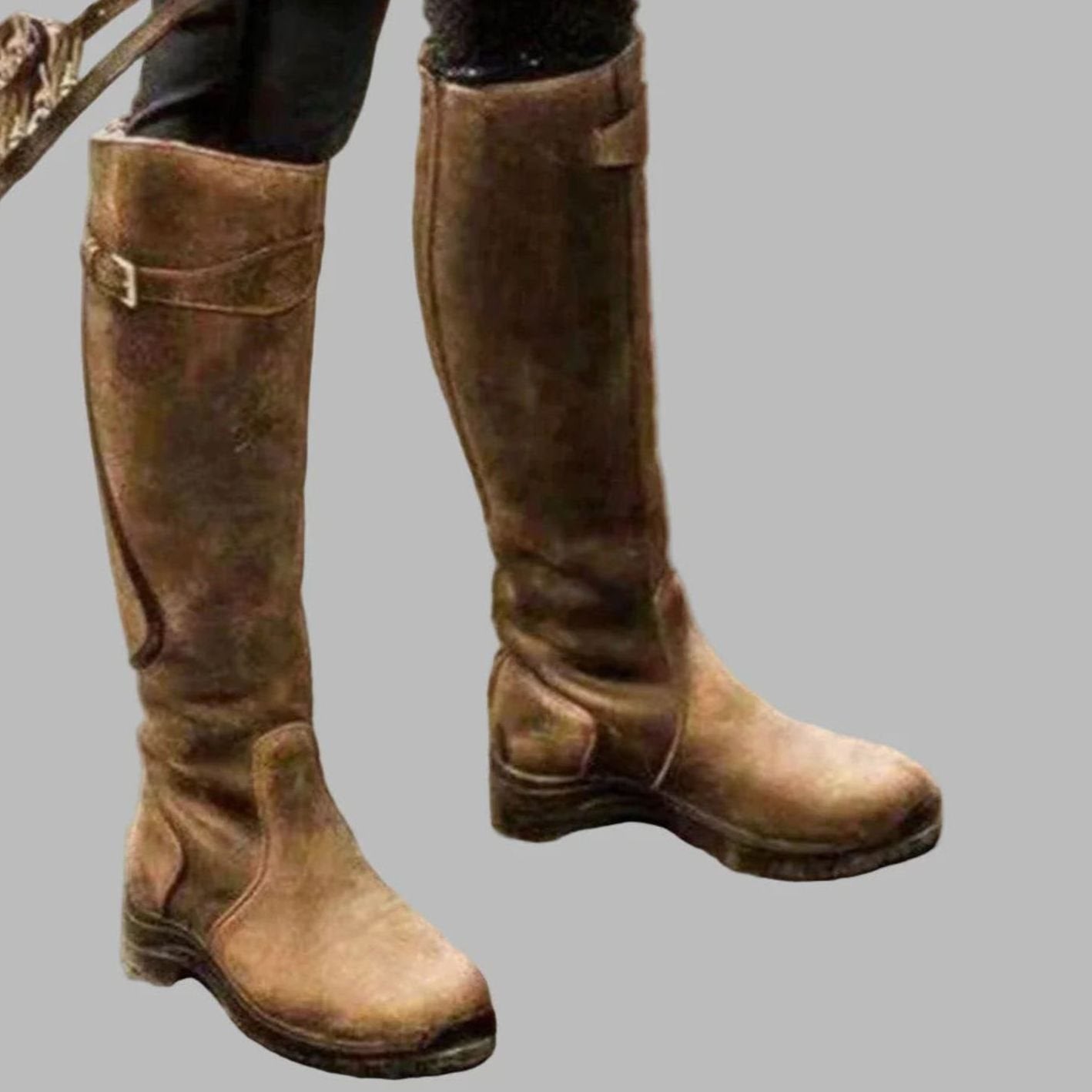 Womens Knee-High Boots with Arch Support and Adjustable Buckle Strap