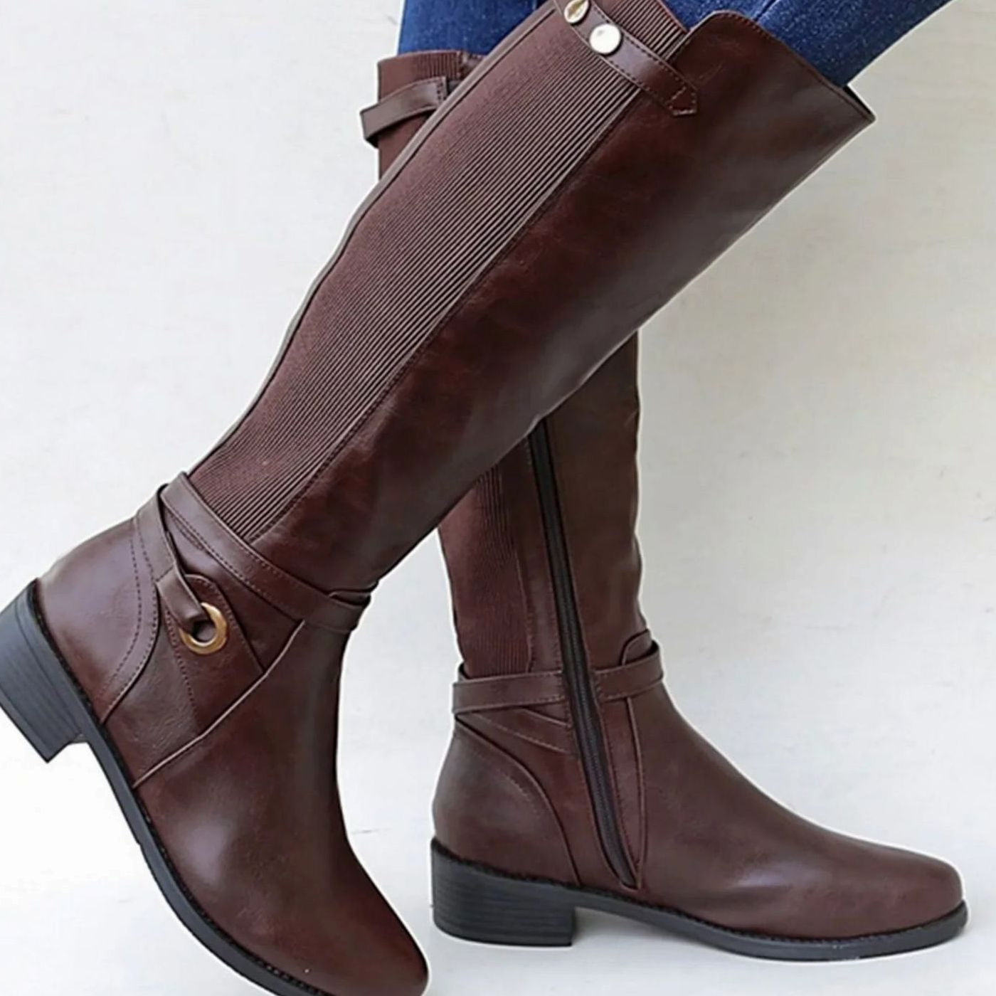 Womens Knee High Riding Boots with Orthopedic Footbed and Elastic Calf Panel