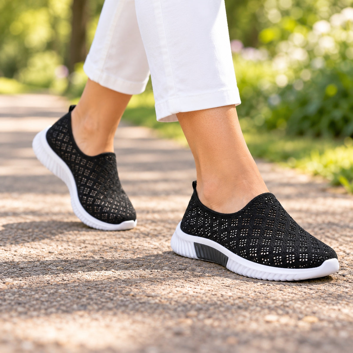 Wood – Unisex Wide Toe Box Sneakers, worn on a walk