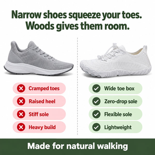 Woods – Unisex Barefoot Shoes, compared with an ordinary shoe