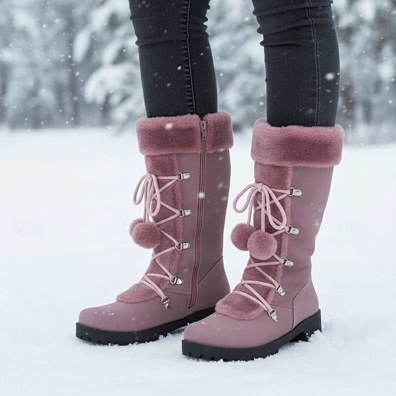 Women's Boots | Mid-Calf Lace-Up Fur-Trimmed Block Heel